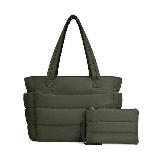 Dark Green Puffy Tote Bag + Pouch Free