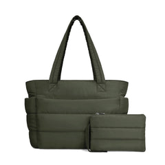 Dark Green Puffy Tote Bag + Pouch Free